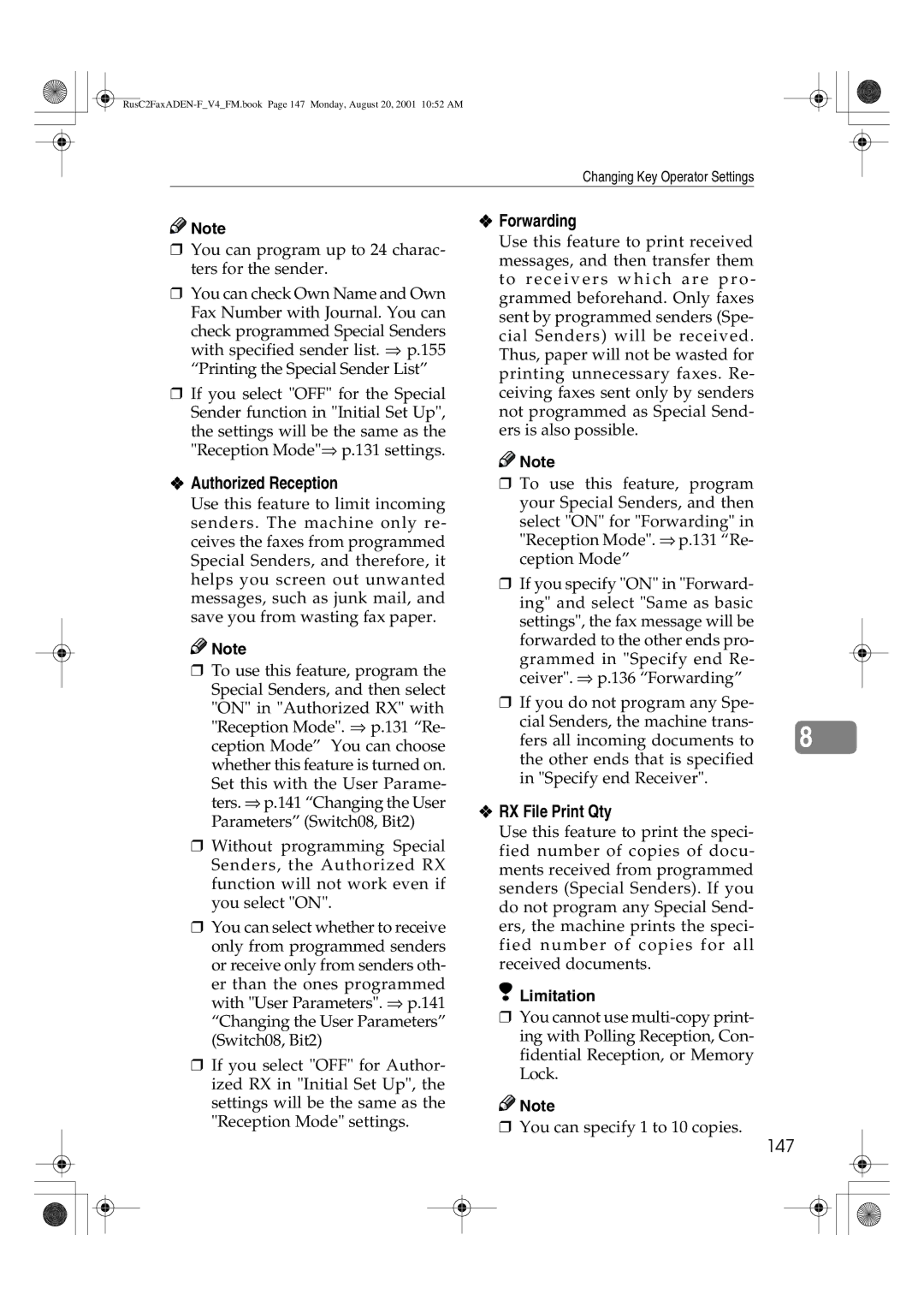 Savin 1027 manual Authorized Reception, Forwarding, RX File Print Qty, 147 