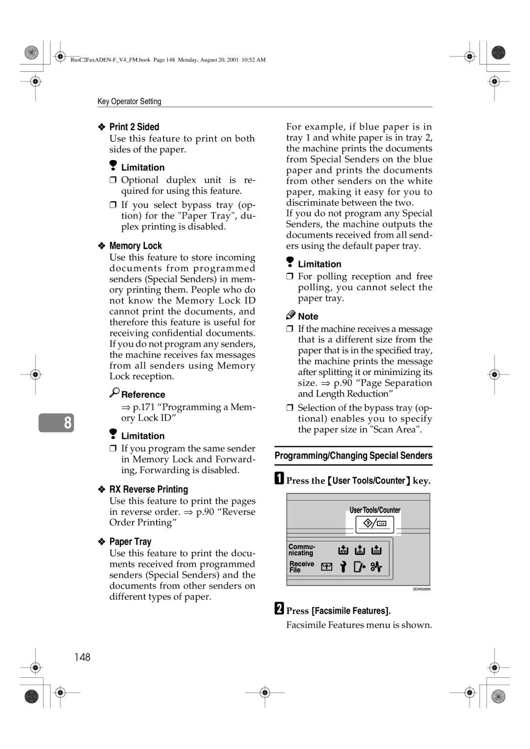 Savin 1027 manual Print 2 Sided, Memory Lock, RX Reverse Printing, Paper Tray, Programming/Changing Special Senders 