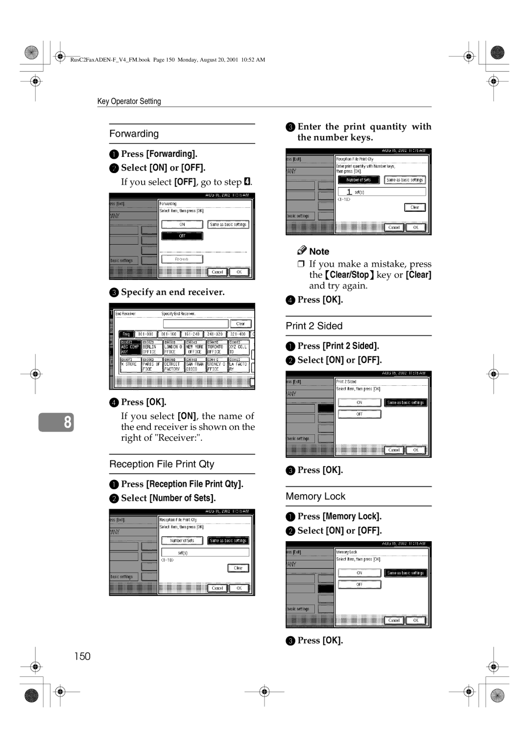 Savin 1027 manual Press Forwarding, Press Reception File Print Qty Select Number of Sets, Press Print 2 Sided 