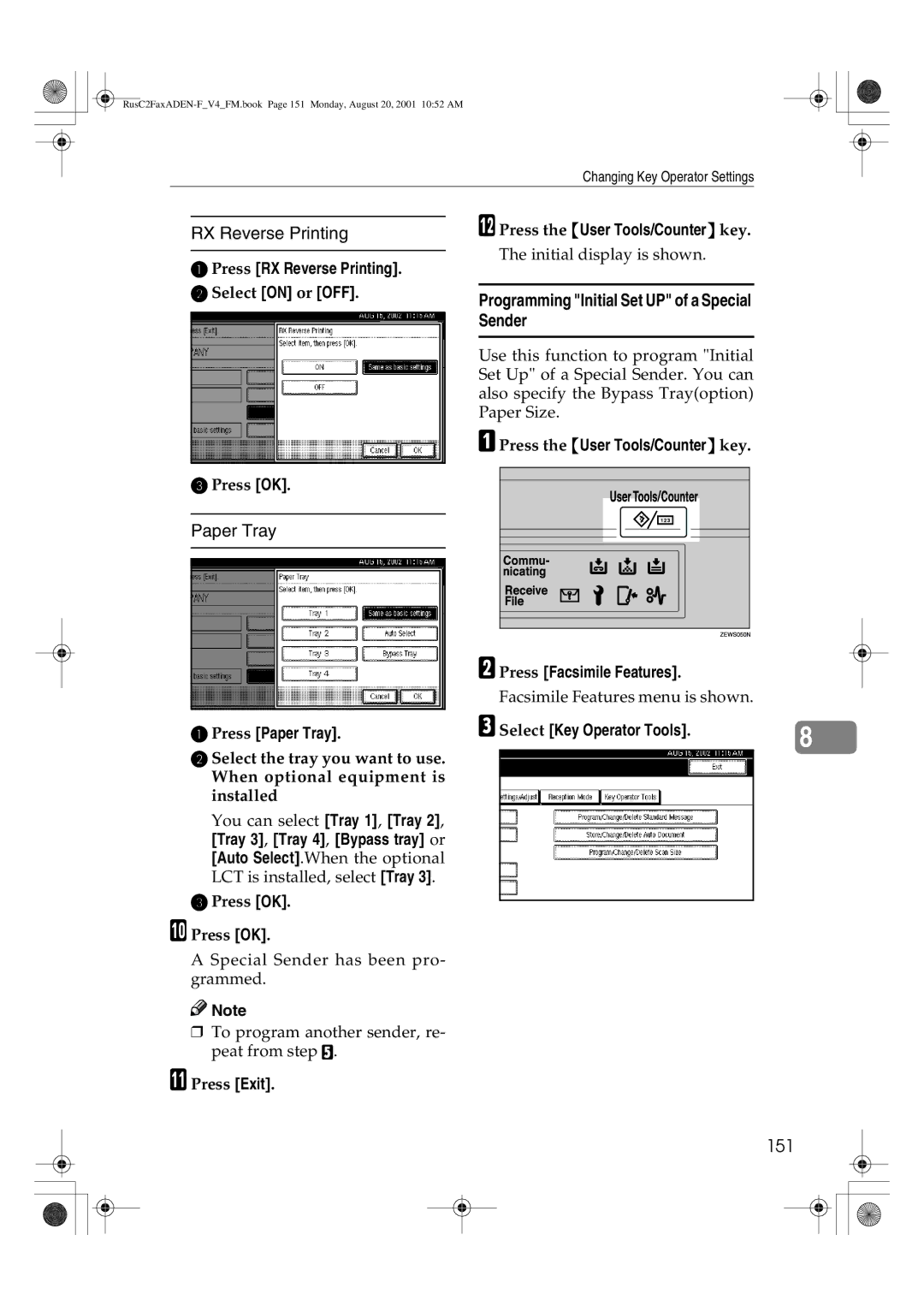 Savin 1027 manual Programming Initial Set UP of a Special Sender, 151, Press RX Reverse Printing, Press Paper Tray 