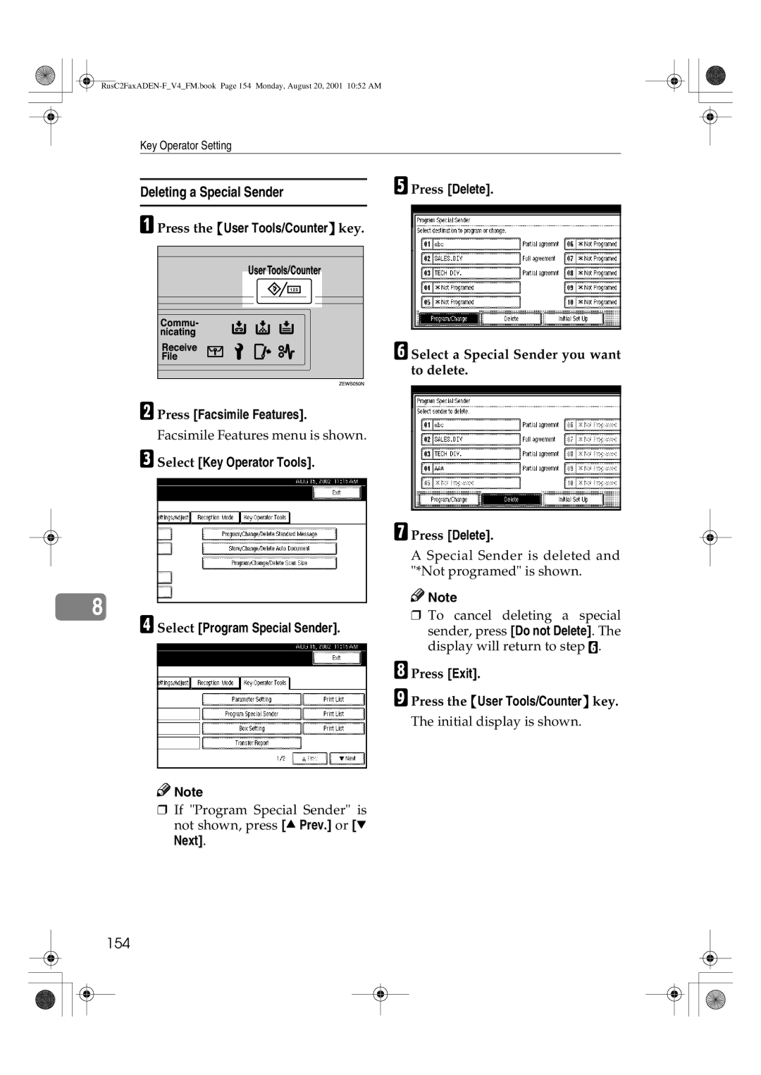 Savin 1027 manual Deleting a Special Sender, 154, Next Press Delete, Select a Special Sender you want to delete 