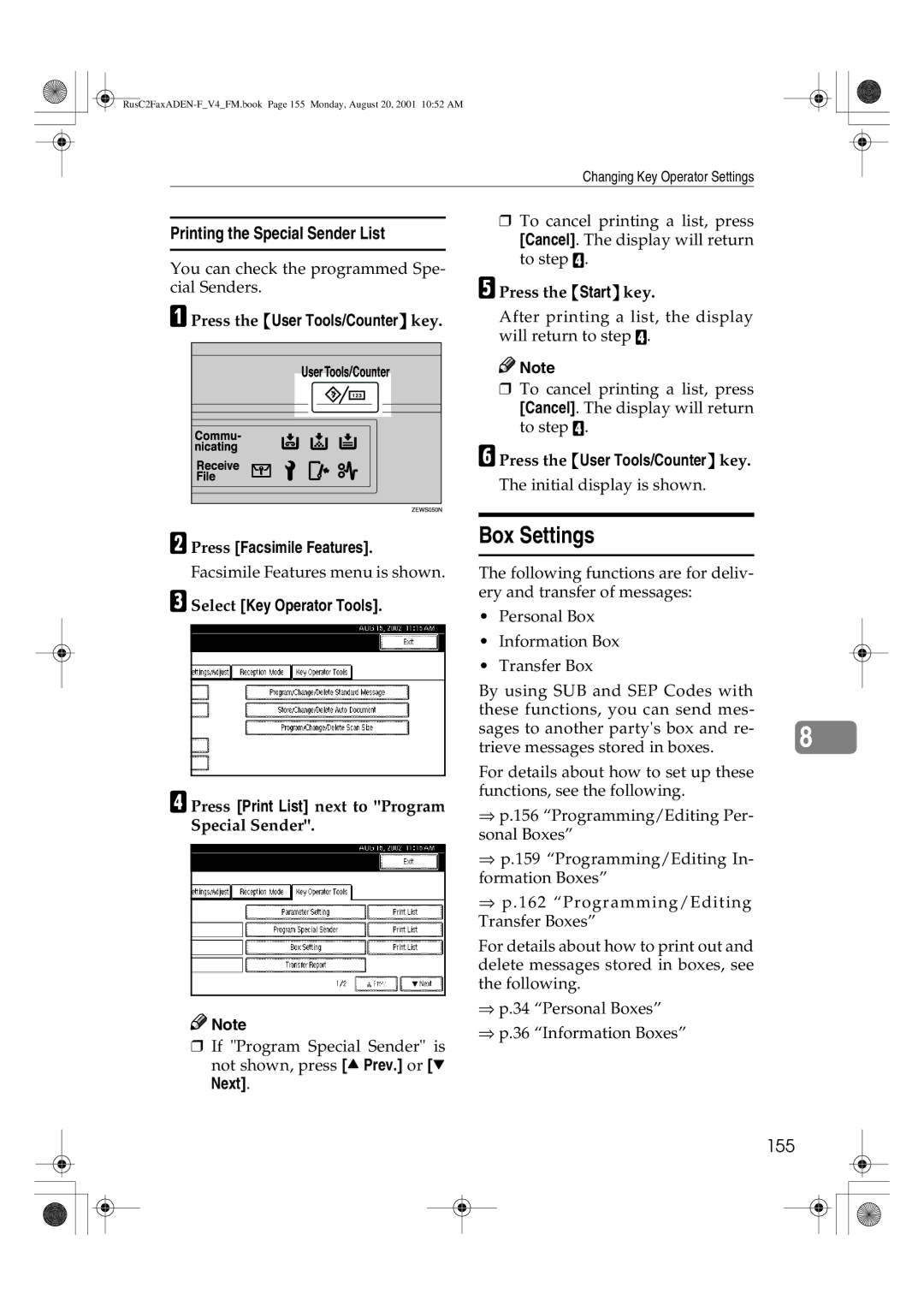 Savin 1027 manual Box Settings, Printing the Special Sender List, 155, Press Print List next to Program Special Sender 