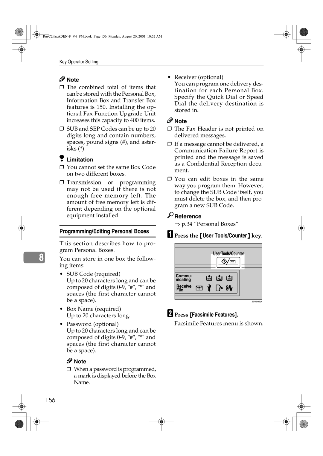 Savin 1027 manual 156, Programming/Editing Personal Boxes 