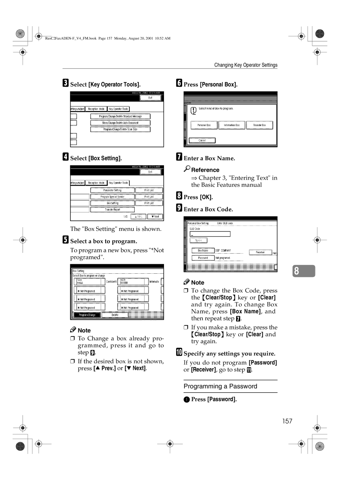 Savin 1027 157, Select Key Operator Tools Select Box Setting, Press Personal Box, Clear/Stop key or Clear and try again 