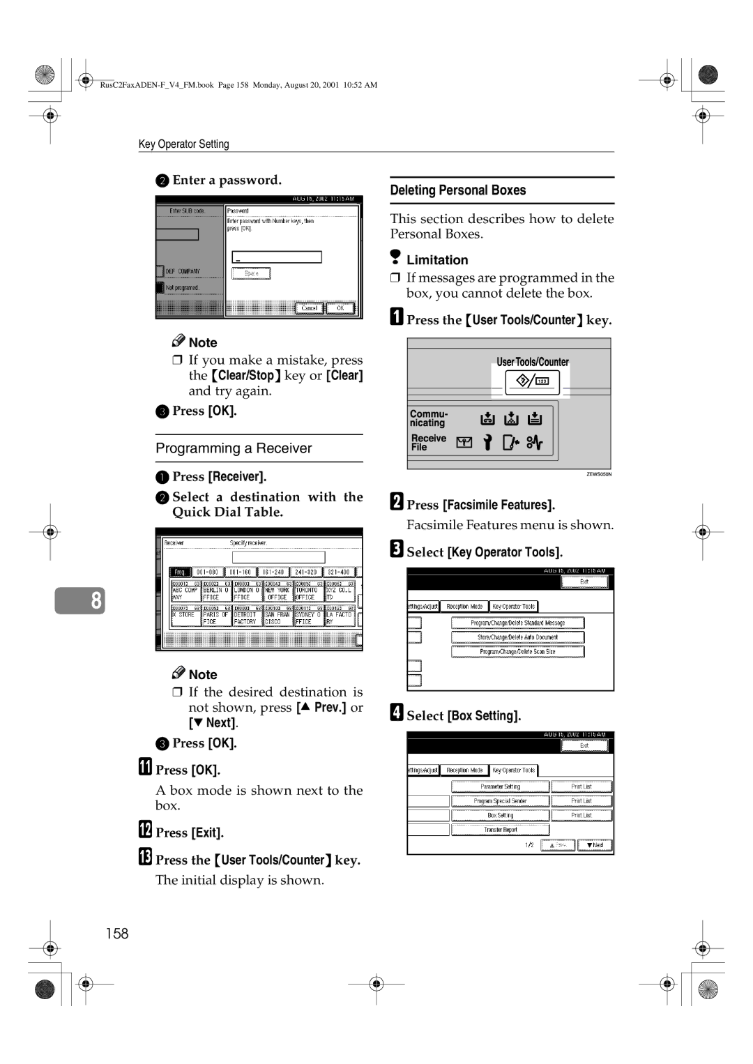 Savin 1027 Deleting Personal Boxes, 158, Enter a password, Press Receiver, Select a destination with the Quick Dial Table 