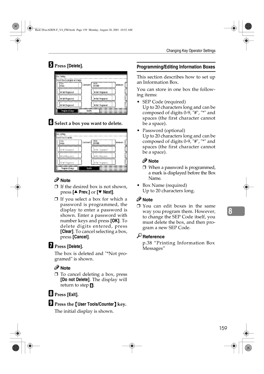 Savin 1027 manual 159, Select a box you want to delete 