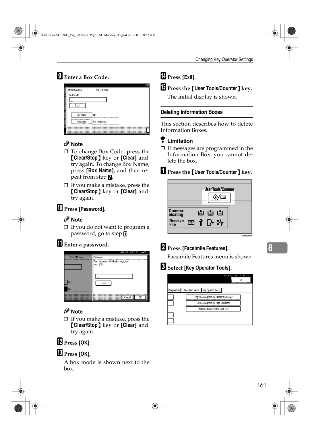 Savin 1027 manual Deleting Information Boxes, 161, Clear/Stop key or Clear and try again Press Password 