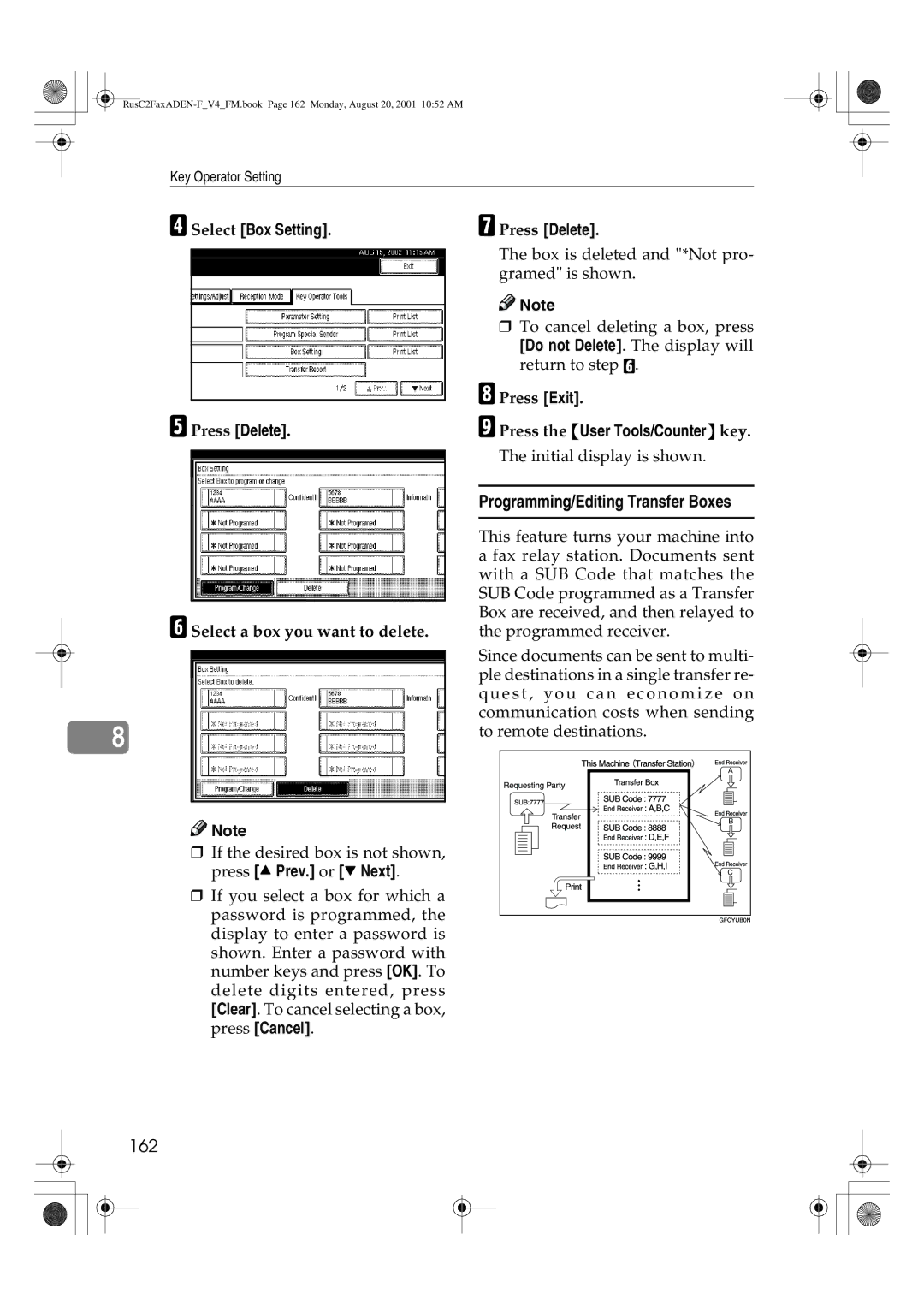 Savin 1027 manual Programming/Editing Transfer Boxes, 162, Select Box Setting Press Delete 