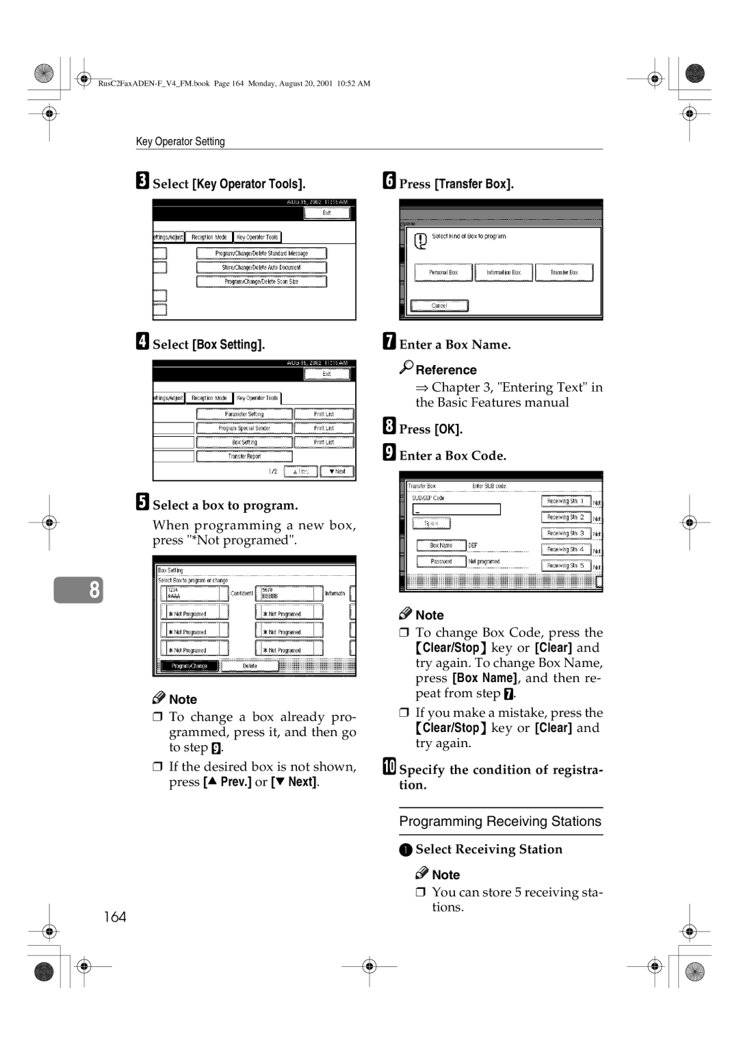 Savin 1027 manual 164, Press Transfer Box, Specify the condition of registra- tion, Select Receiving Station 