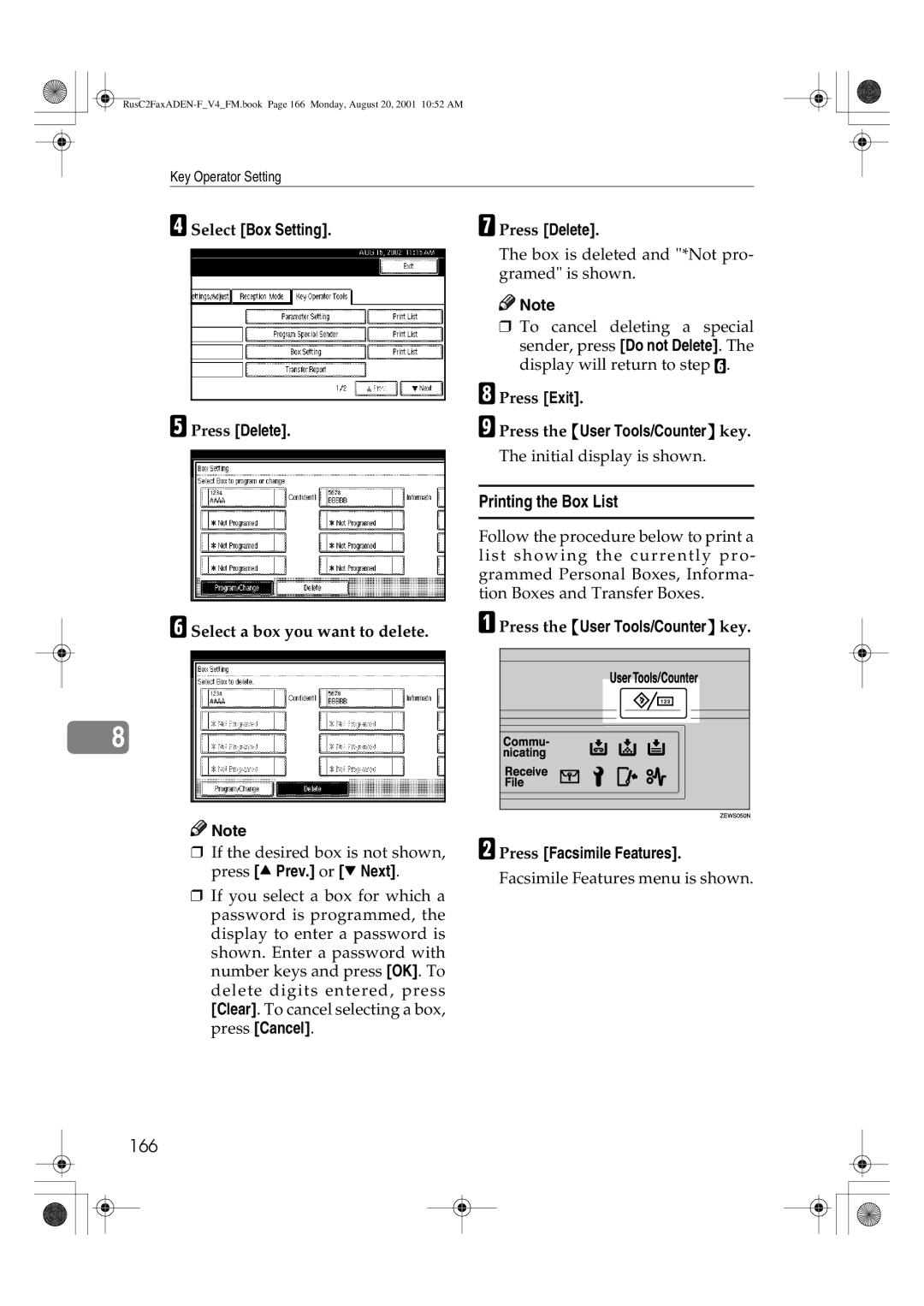 Savin 1027 manual Printing the Box List, 166 