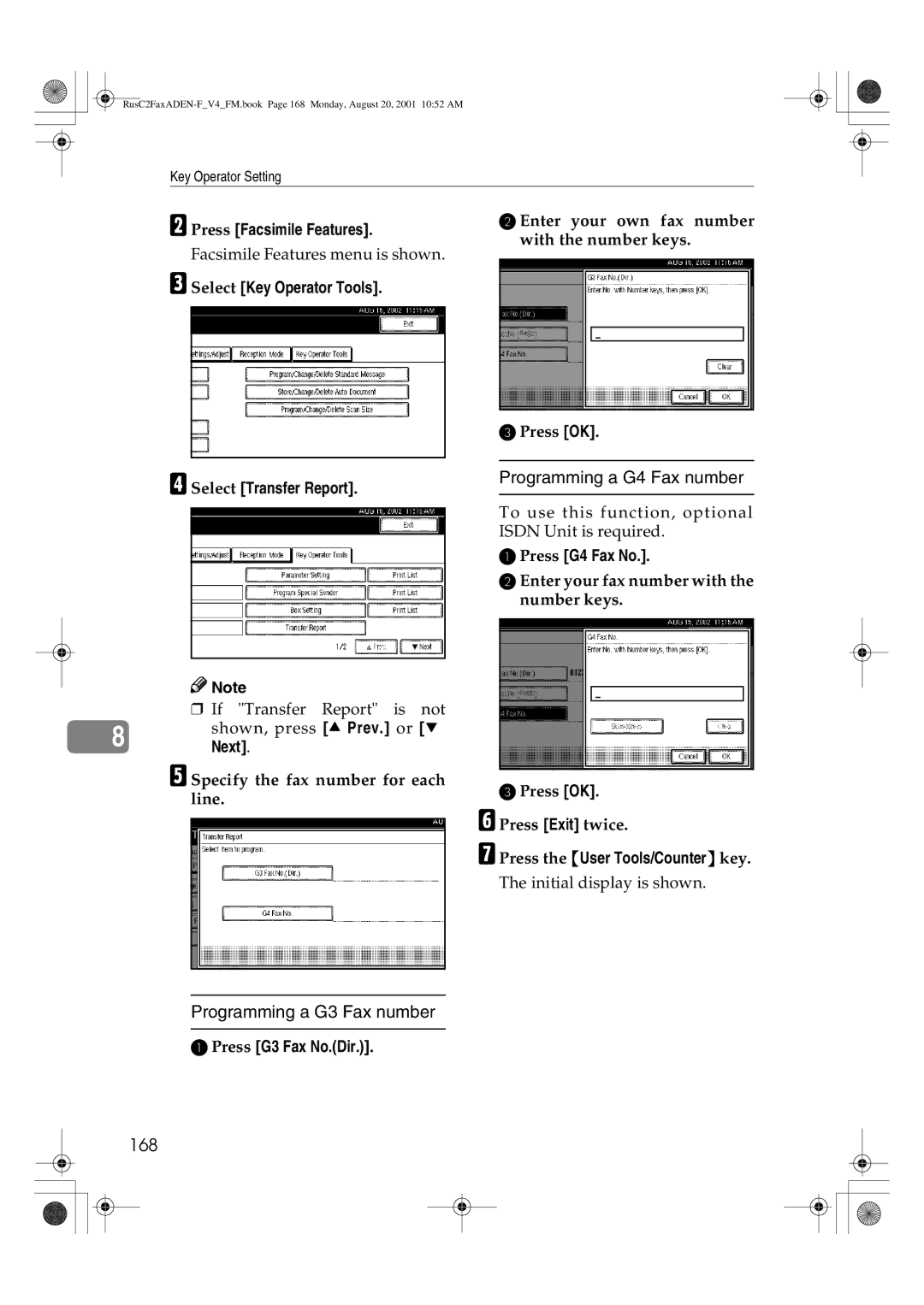 Savin 1027 manual Programming a G4 Fax number, Select Transfer Report, Press G3 Fax No.Dir, Press G4 Fax No 