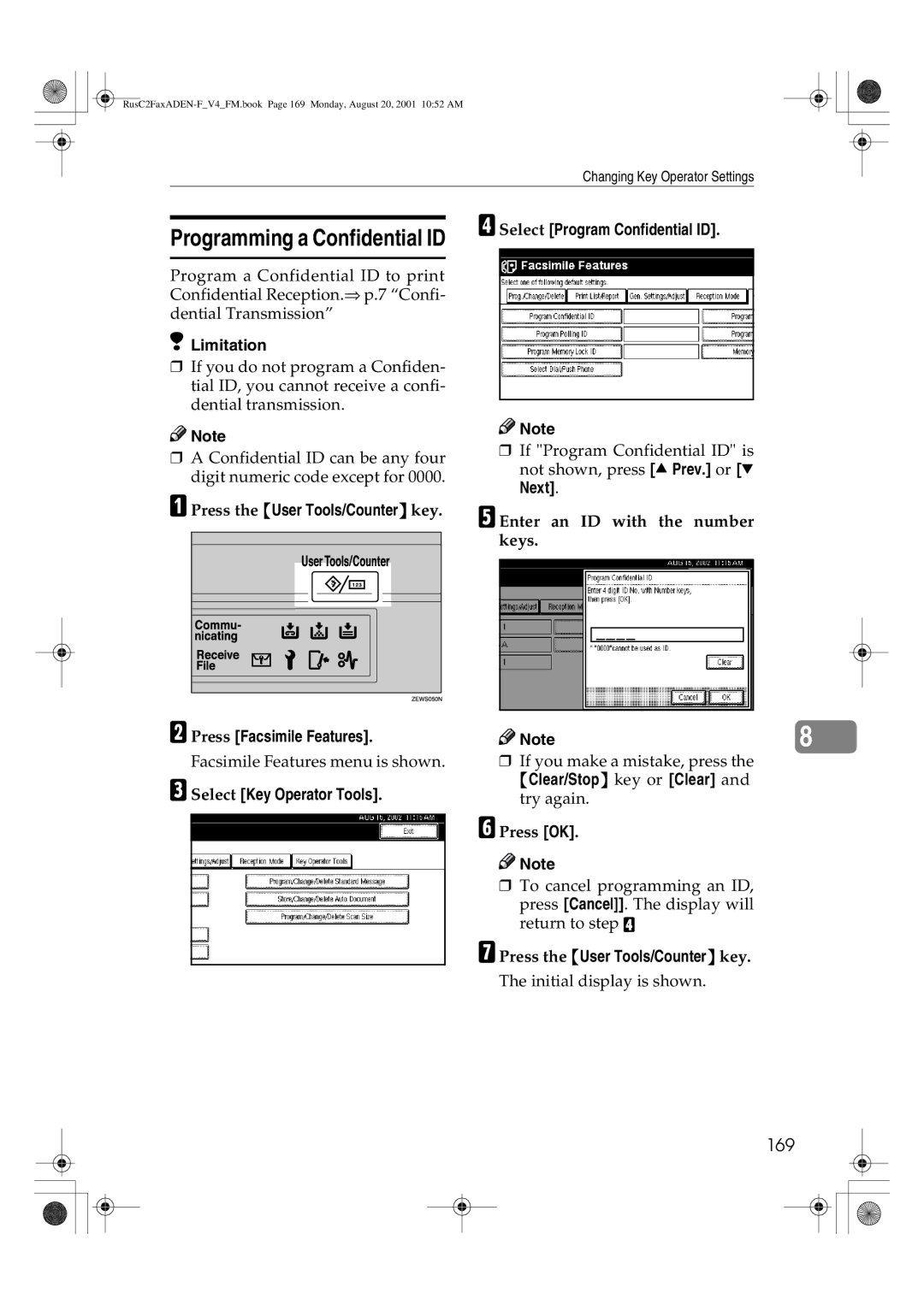 Savin 1027 manual 169, Select Key Operator Tools Select Program Confidential ID, Enter an ID with the number keys 