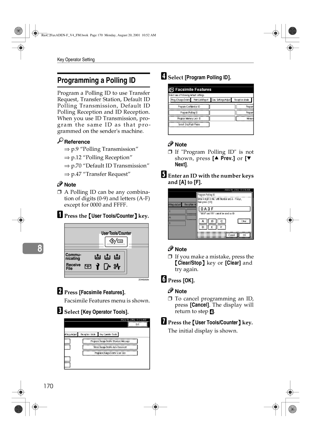 Savin 1027 manual Programming a Polling ID, 170, Enter an ID with the number keys and a to F 