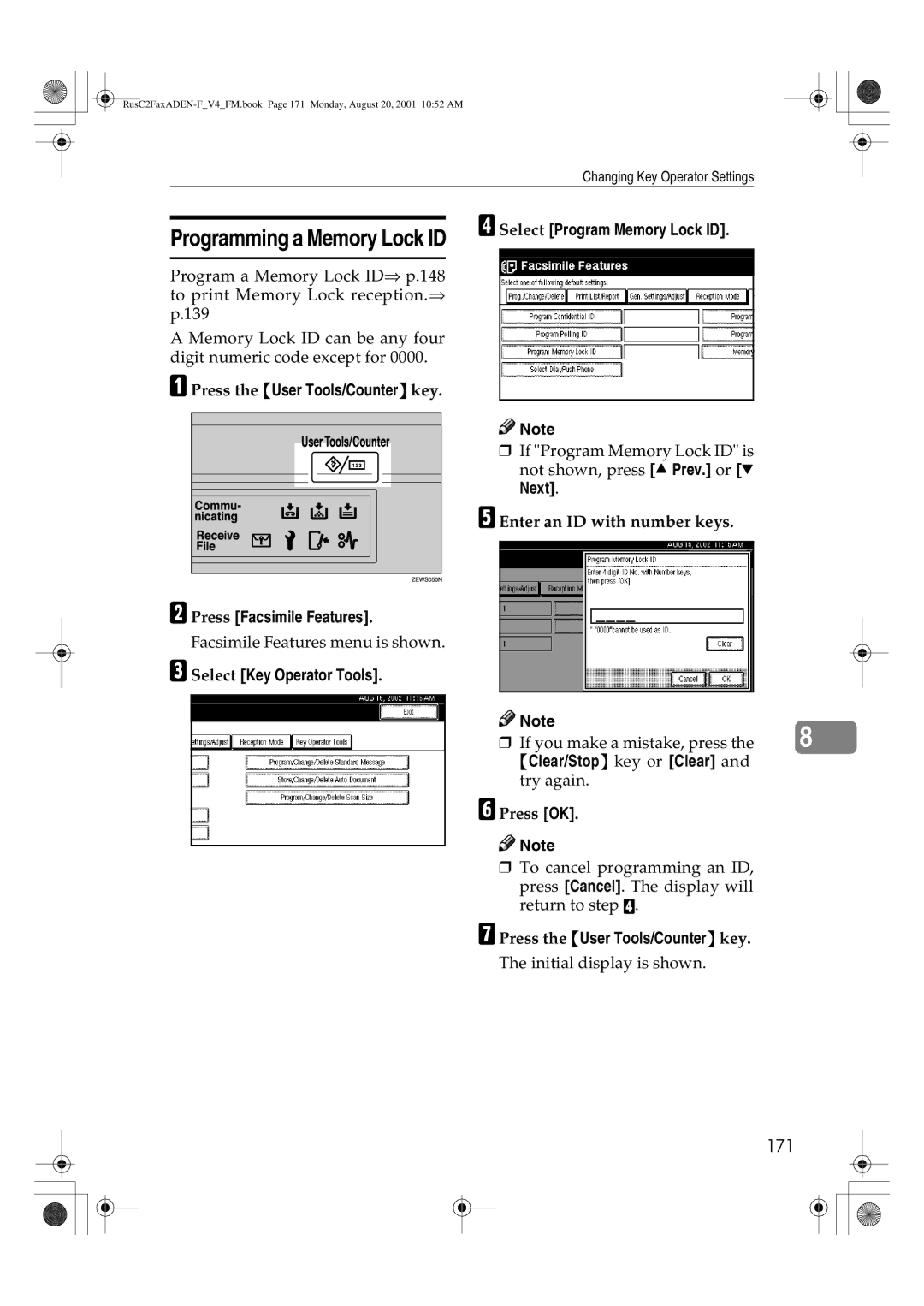 Savin 1027 manual 171, Enter an ID with number keys 