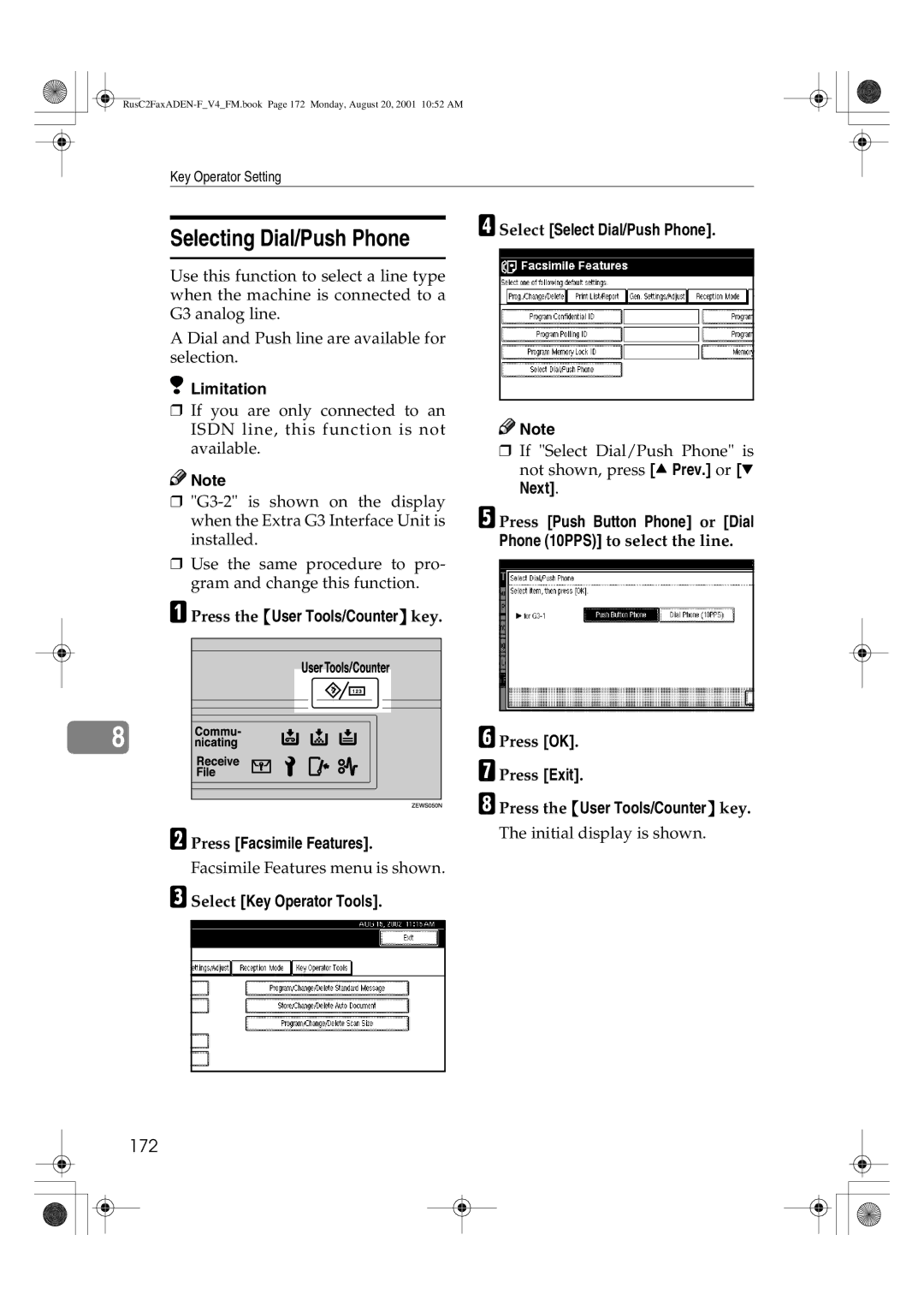 Savin 1027 manual 172, Next Press Push Button Phone or Dial, Phone 10PPS to select the line Press OK Press Exit 