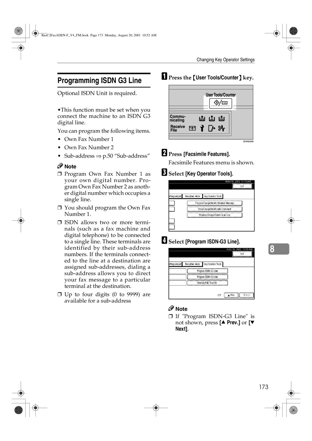 Savin 1027 manual Programming Isdn G3 Line, 173, Select Key Operator Tools Select Program ISDN-G3 Line 