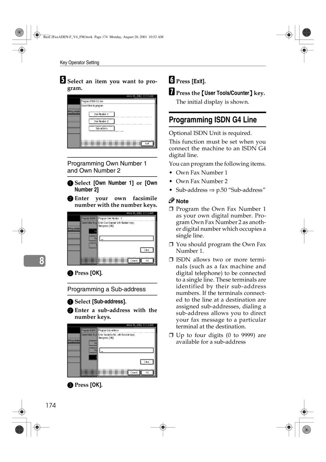 Savin 1027 manual Programming Isdn G4 Line, 174, Select Own Number 1 or Own Number, Select Sub-address 