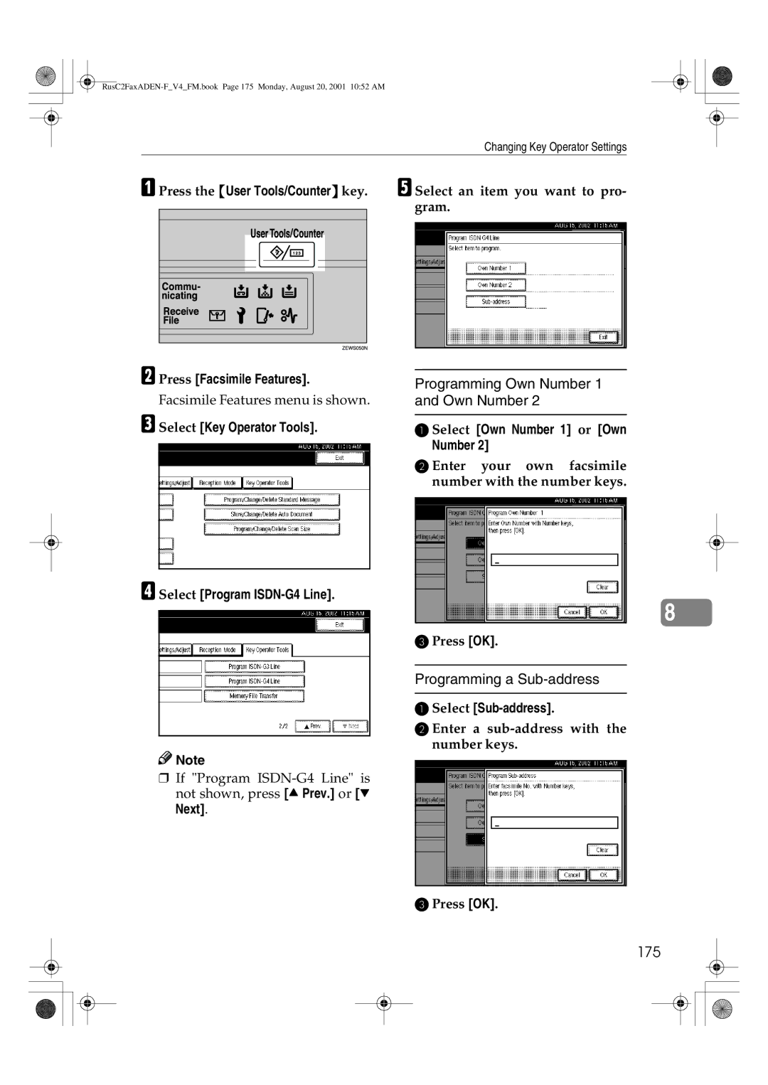 Savin 1027 175, Select Key Operator Tools Select Program ISDN-G4 Line, Enter a sub-address with the number keys Press OK 