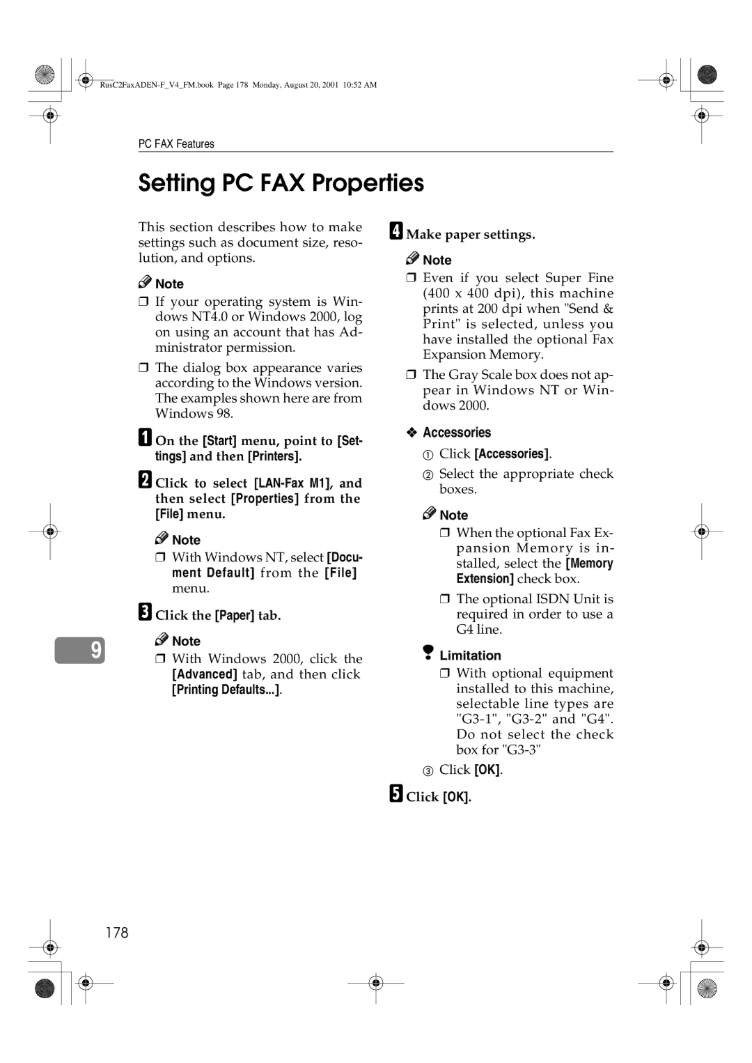 Savin 1027 manual Setting PC FAX Properties, 178, Printing Defaults, Click Accessories 