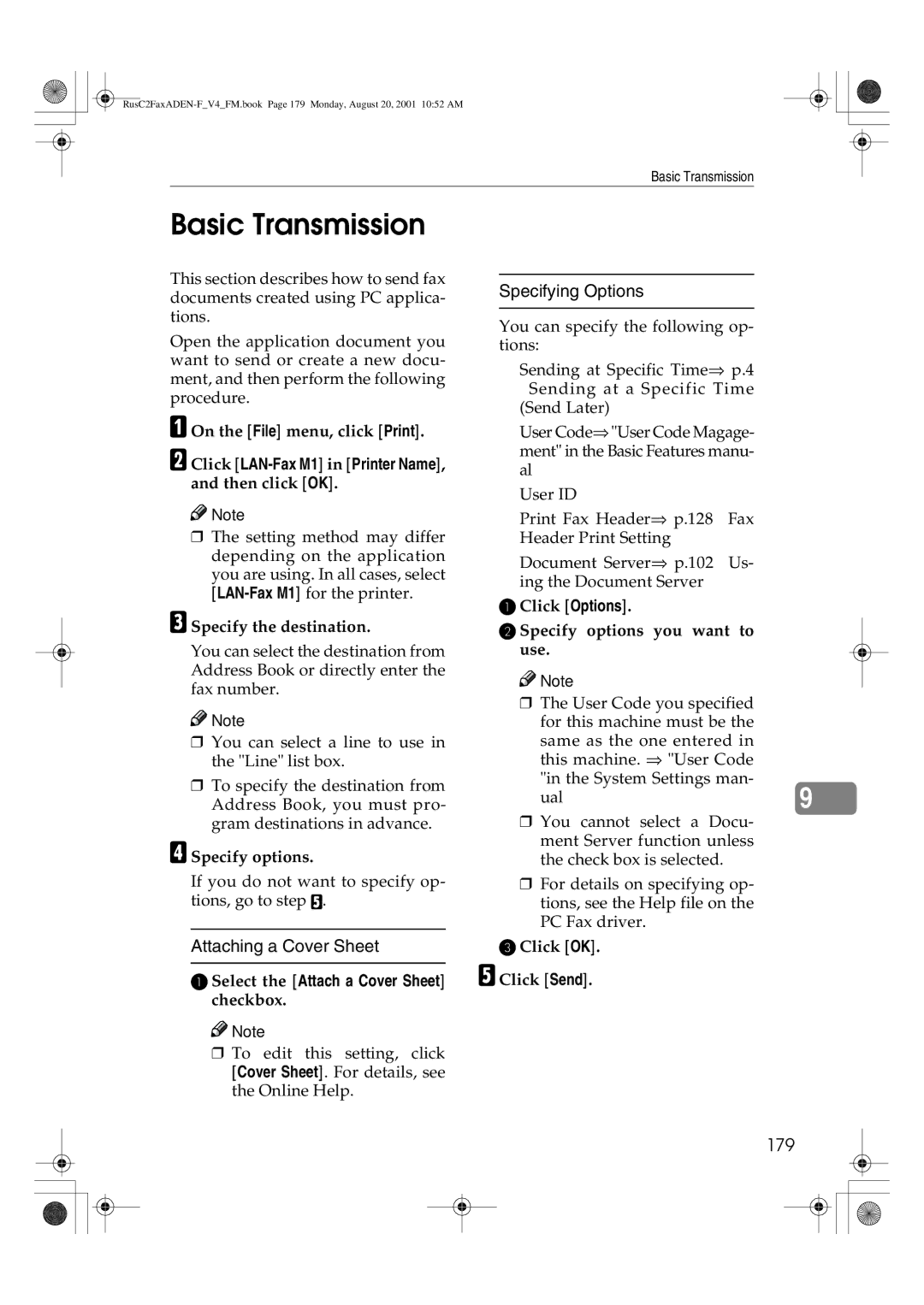 Savin 1027 Basic Transmission, 179, Click LAN-Fax M1 in Printer Name, and then click OK, Select the Attach a Cover Sheet 