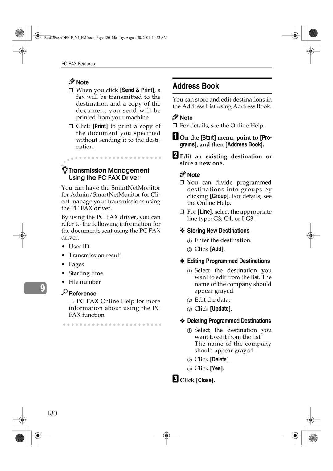 Savin 1027 manual Address Book, Storing New Destinations, Editing Programmed Destinations, Deleting Programmed Destinations 