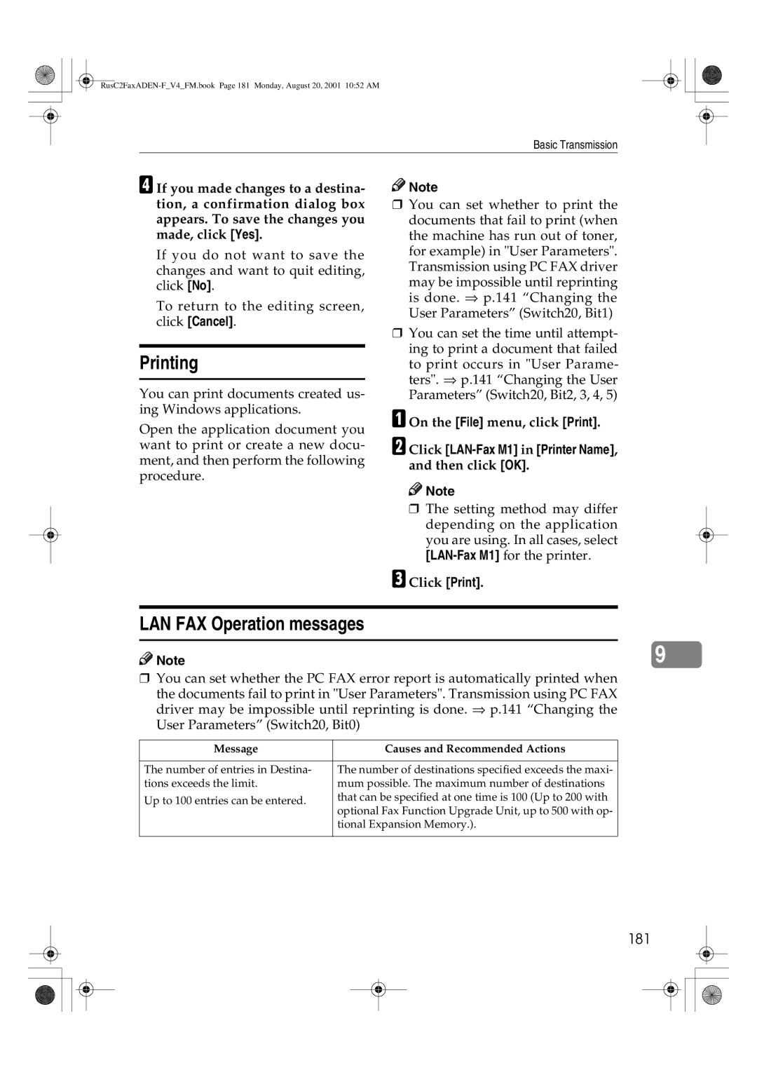 Savin 1027 manual Printing, LAN FAX Operation messages, 181, Click LAN-Fax M1 in Printer Name 