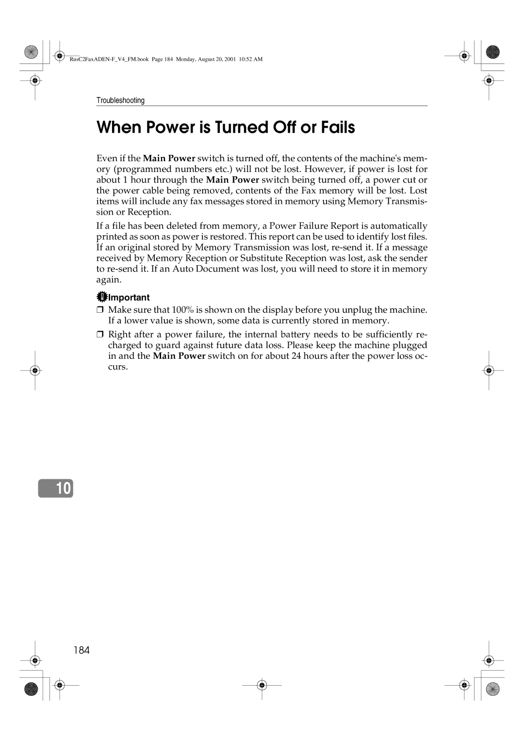 Savin 1027 manual When Power is Turned Off or Fails, 184 