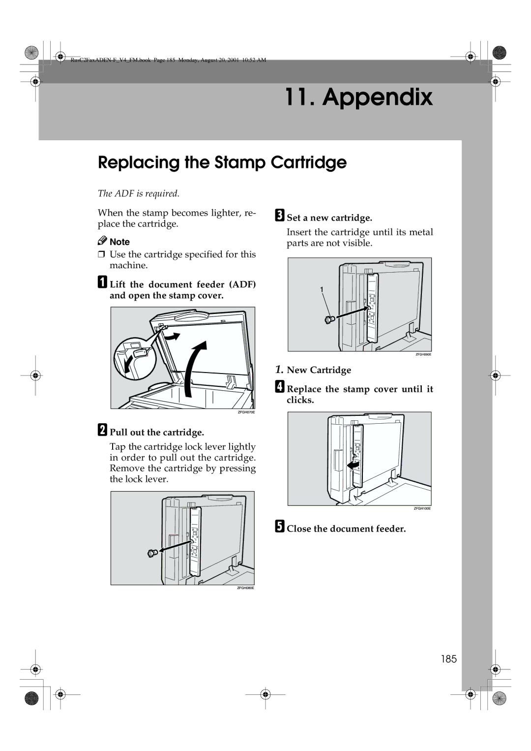 Savin 1027 manual Replacing the Stamp Cartridge, 185 