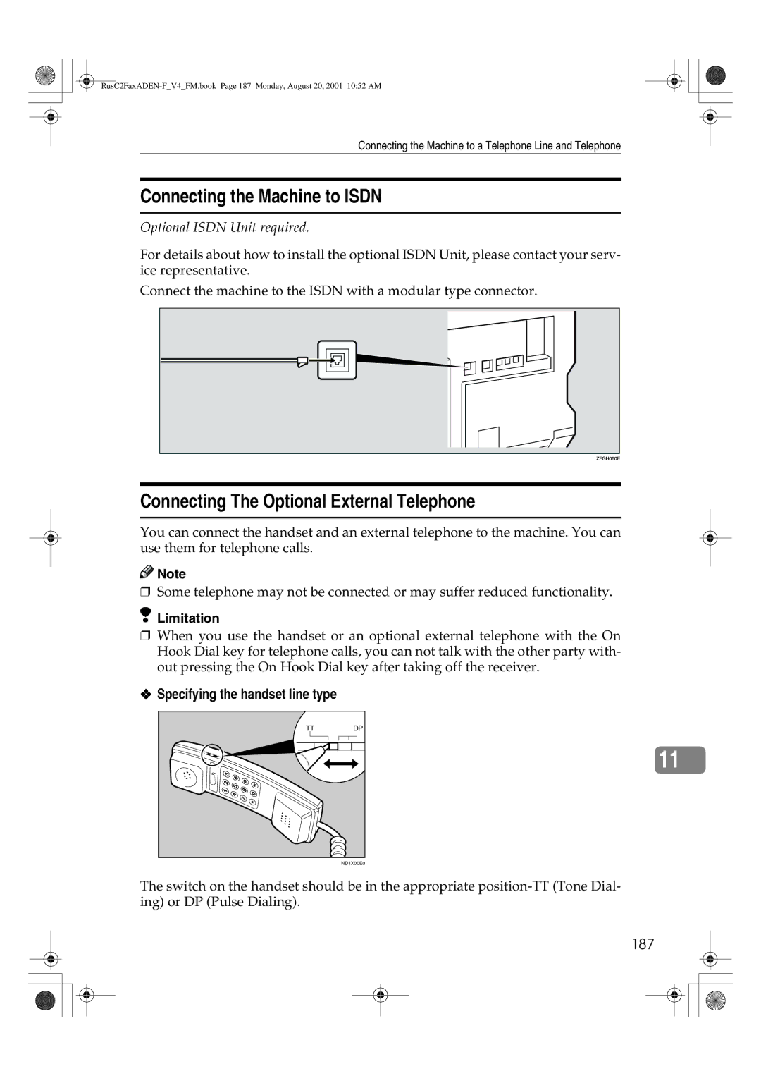 Savin 1027 Connecting the Machine to Isdn, Connecting The Optional External Telephone, Specifying the handset line type 