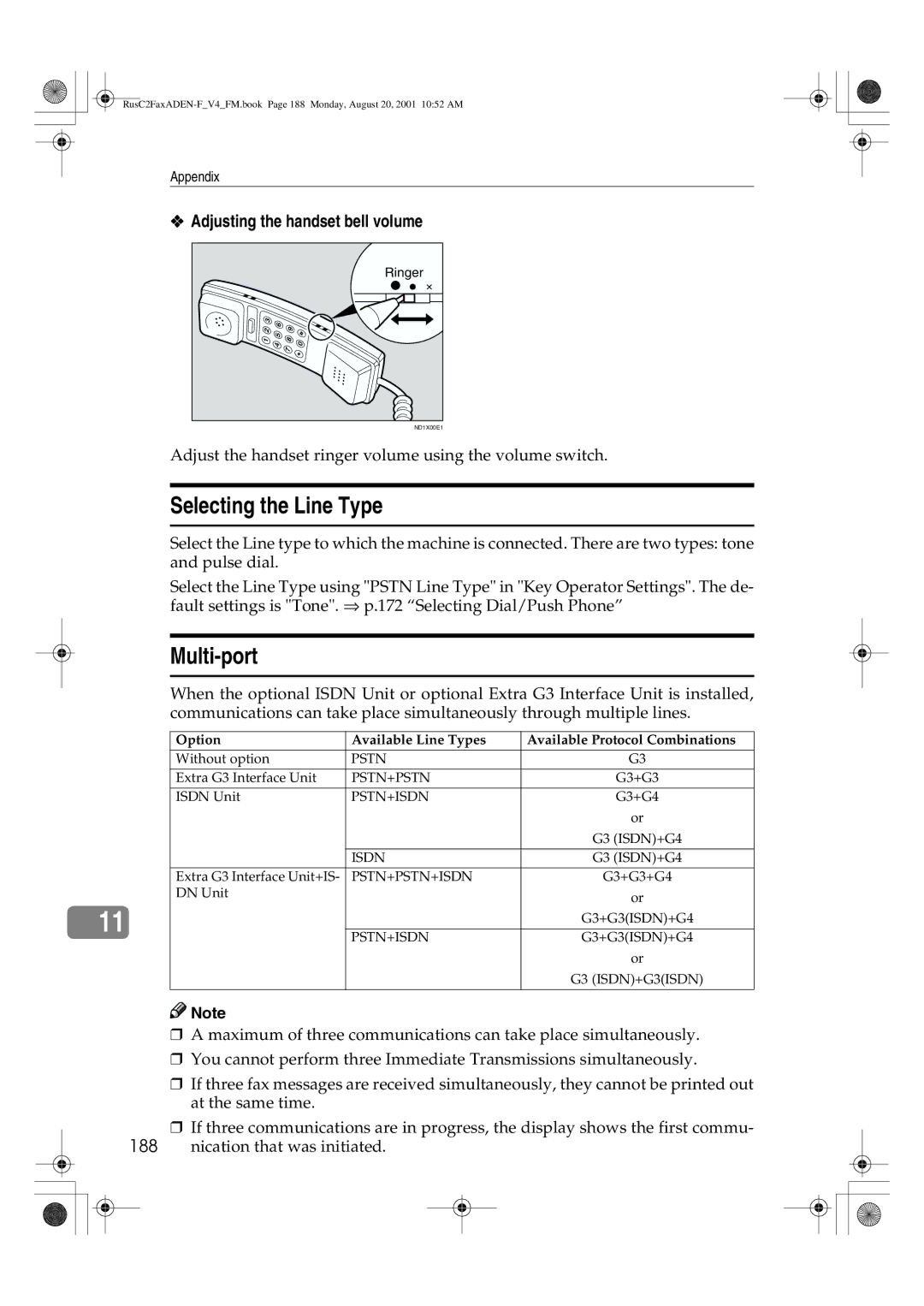 Savin 1027 manual Selecting the Line Type, Multi-port, Adjusting the handset bell volume 