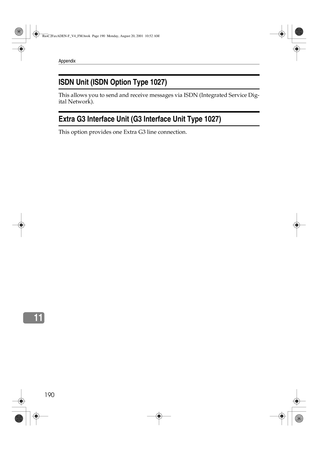 Savin 1027 manual Isdn Unit Isdn Option Type, Extra G3 Interface Unit G3 Interface Unit Type, 190 