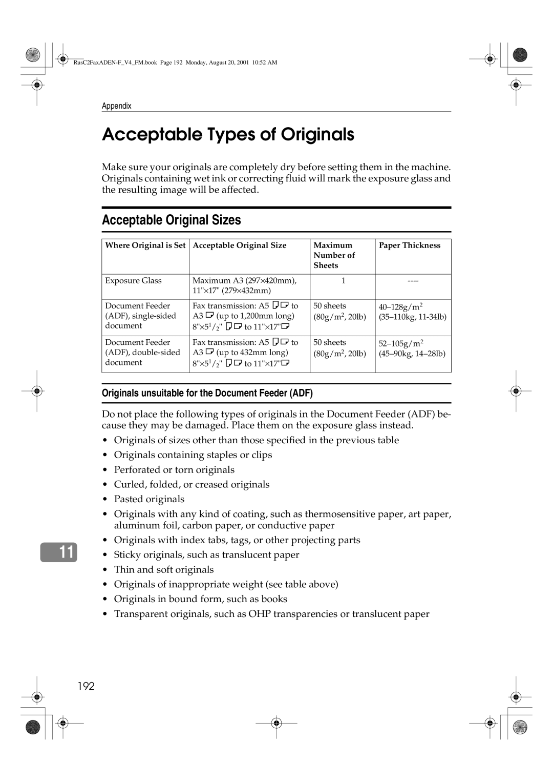 Savin 1027 Acceptable Types of Originals, Acceptable Original Sizes, Originals unsuitable for the Document Feeder ADF, 192 