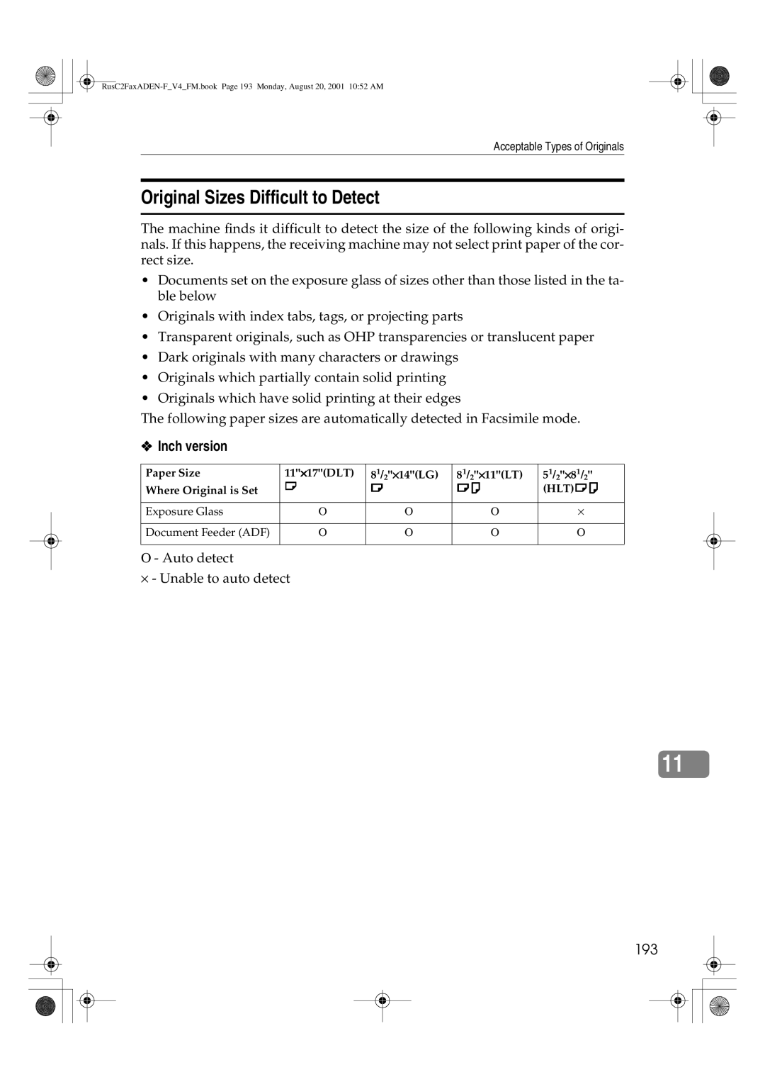 Savin 1027 manual Original Sizes Difficult to Detect, Inch version, 193 