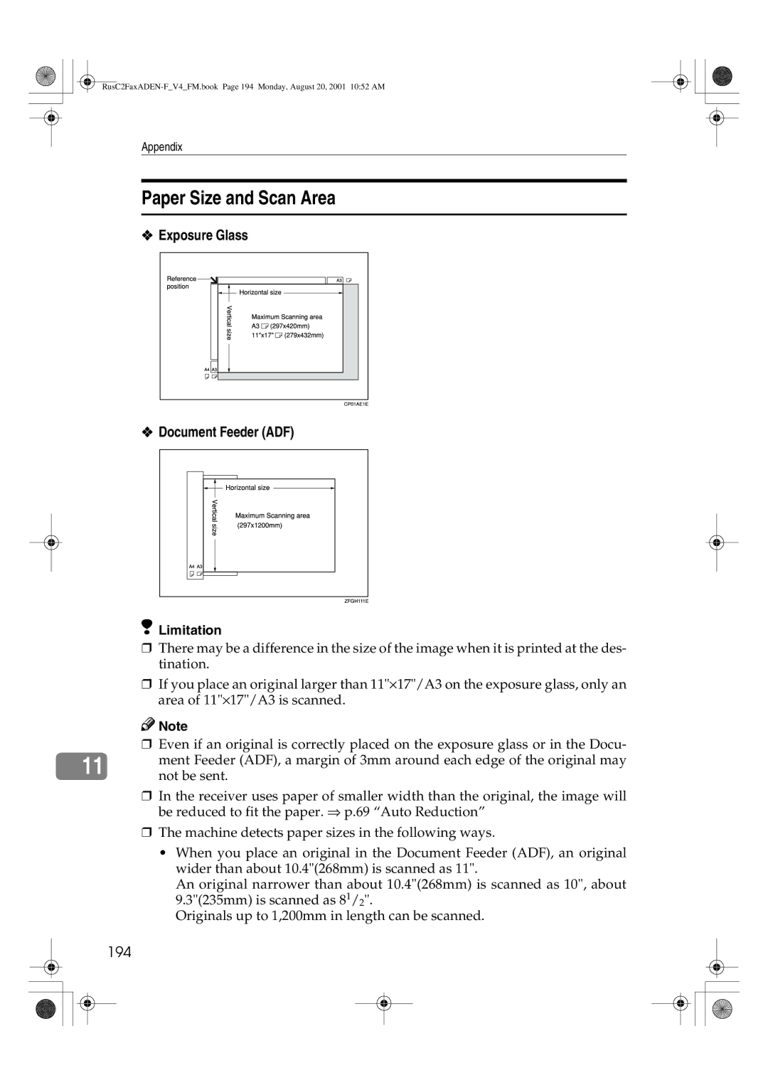 Savin 1027 manual Paper Size and Scan Area, Exposure Glass Document Feeder ADF, 194 