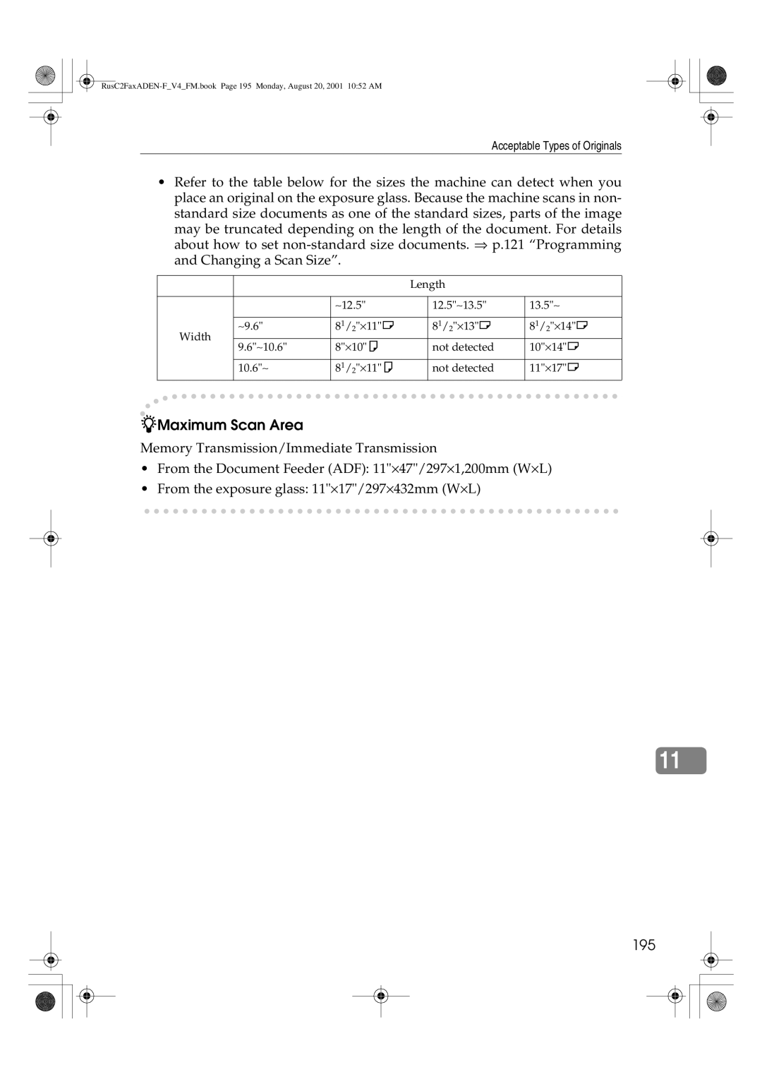 Savin 1027 manual Maximum Scan Area, 195 