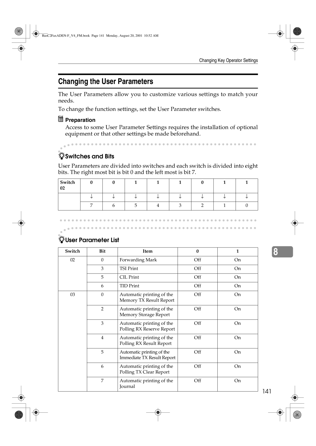 Savin 1027 manual Changing the User Parameters, Switches and Bits, User Parameter List, 141, Preparation 