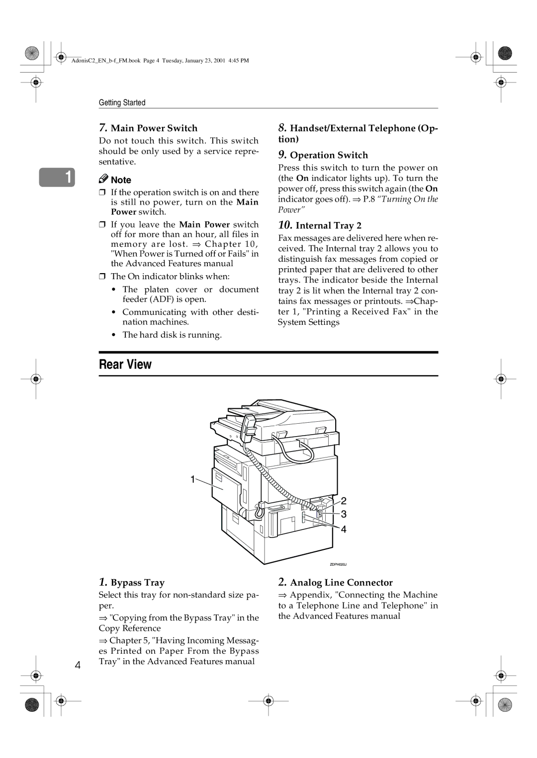 Savin 1045 manual Rear View, Main Power Switch, Handset/External Telephone Op- tion Operation Switch, Bypass Tray 