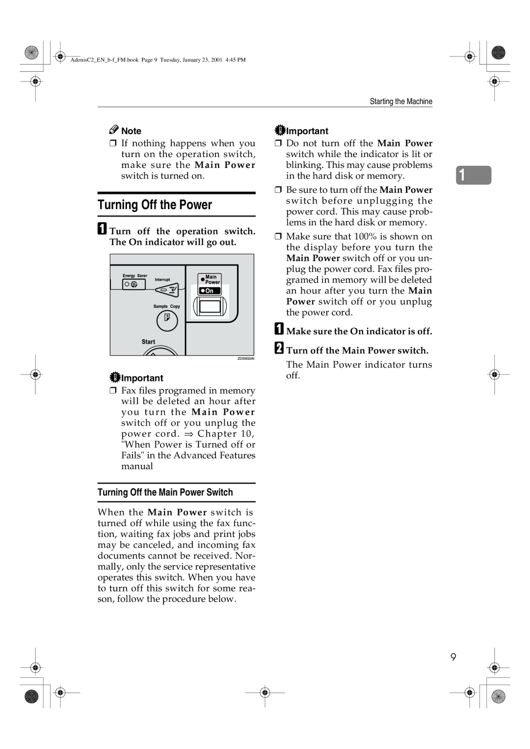 Savin 1045 manual Turning Off the Power, Turning Off the Main Power Switch 