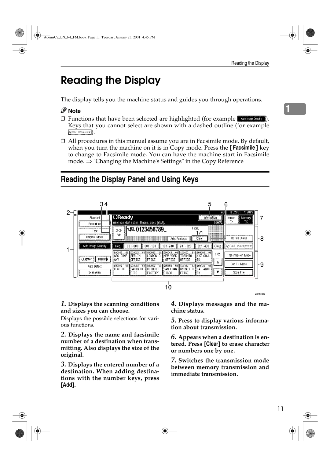 Savin 1045 Reading the Display Panel and Using Keys, Displays the scanning conditions and sizes you can choose, Add 