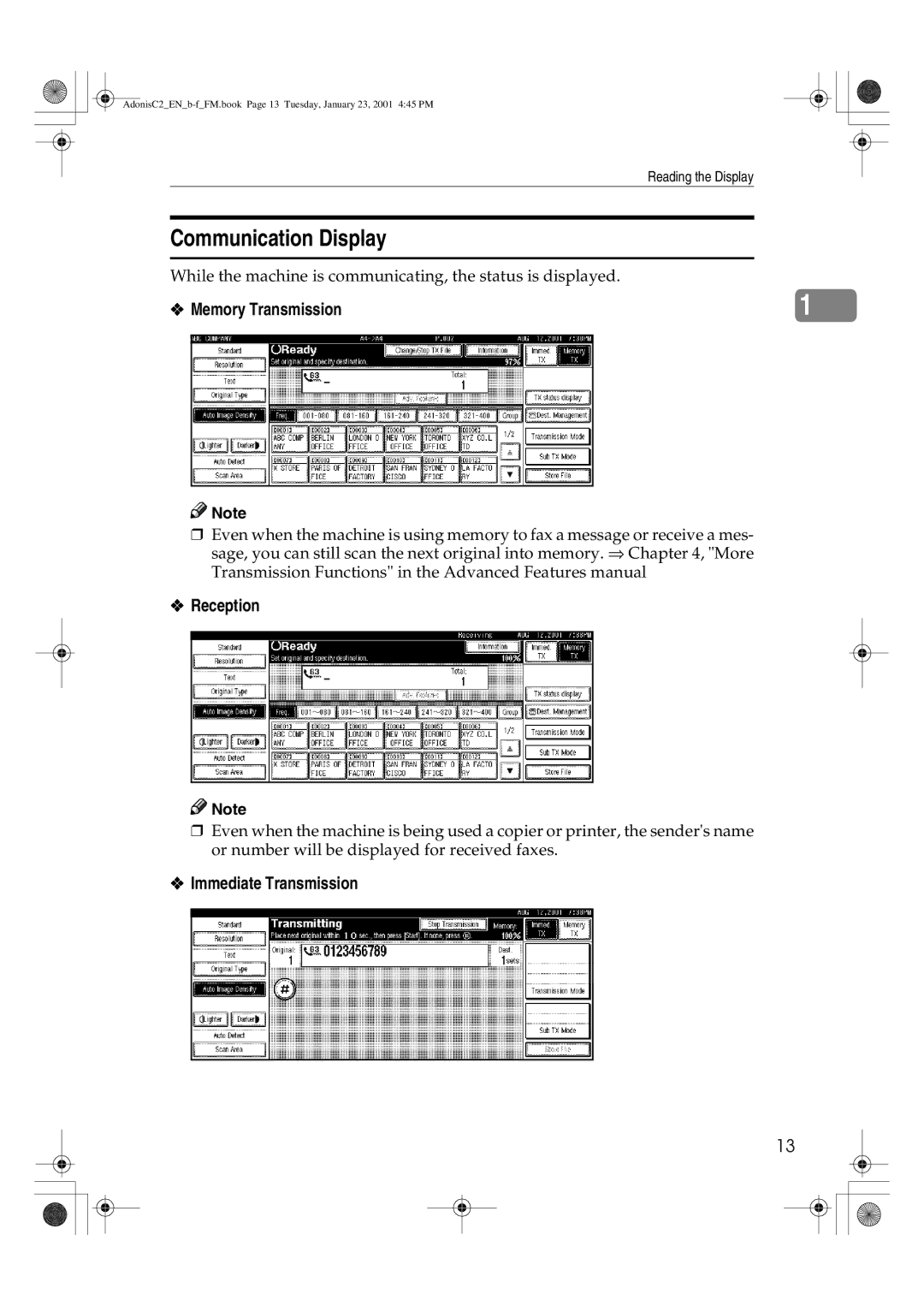 Savin 1045 manual Communication Display, Memory Transmission, Reception 