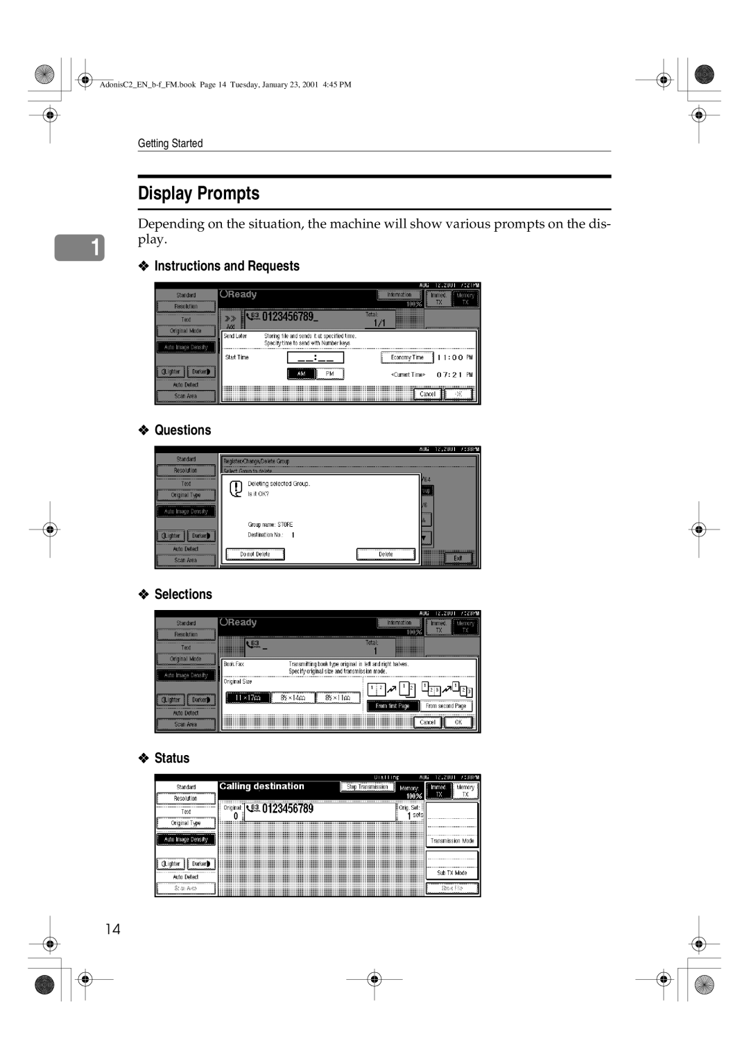 Savin 1045 manual Display Prompts, Instructions and Requests Questions Selections Status 