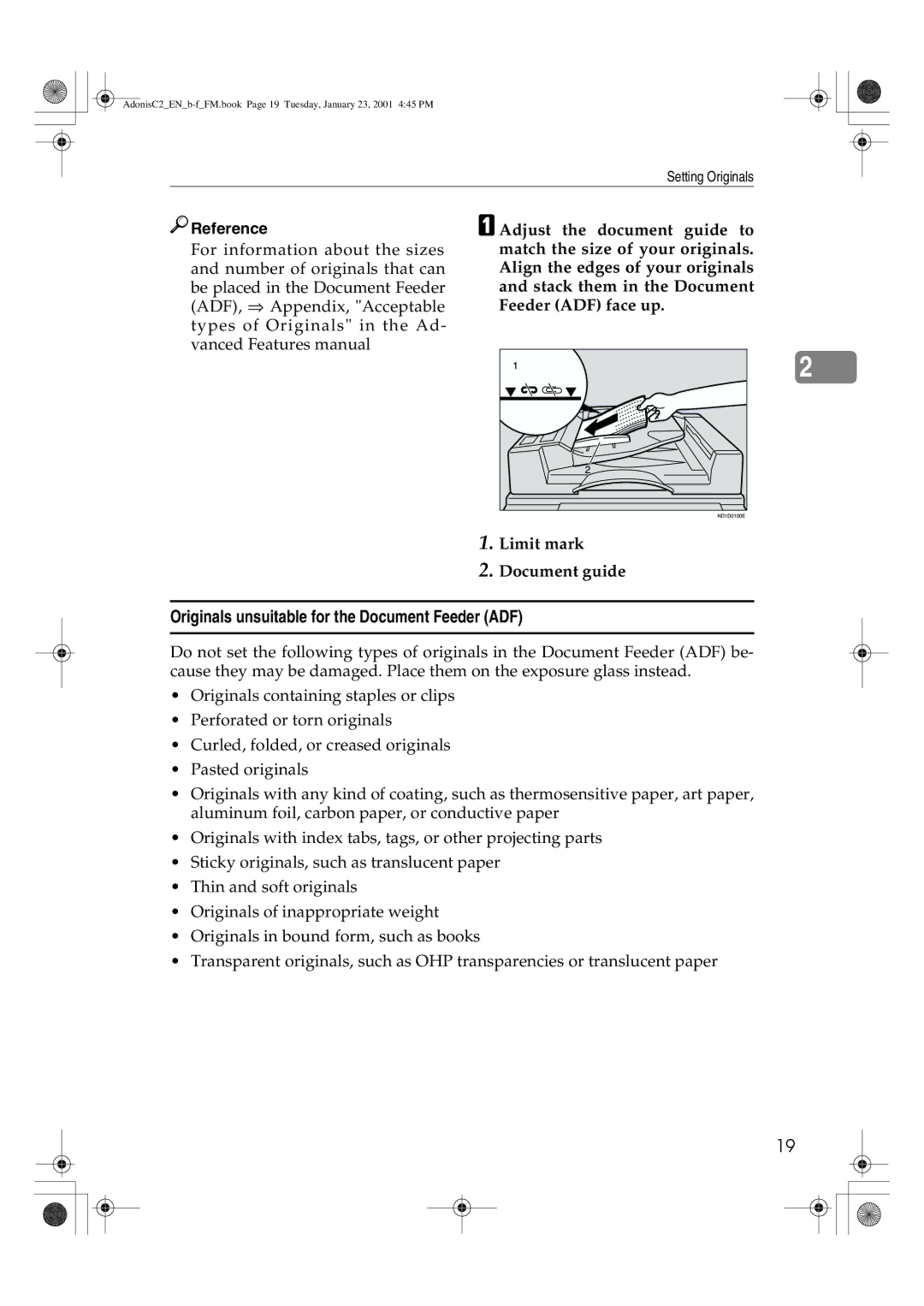 Savin 1045 manual Originals unsuitable for the Document Feeder ADF, Reference 