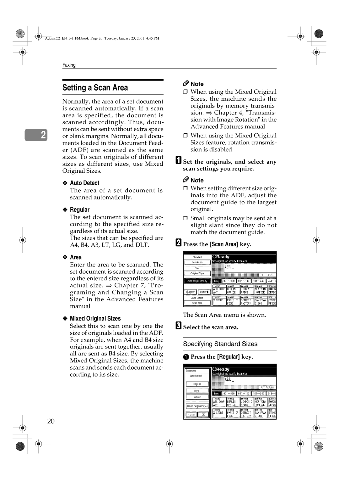 Savin 1045 manual Setting a Scan Area, Auto Detect, Regular, Mixed Original Sizes 