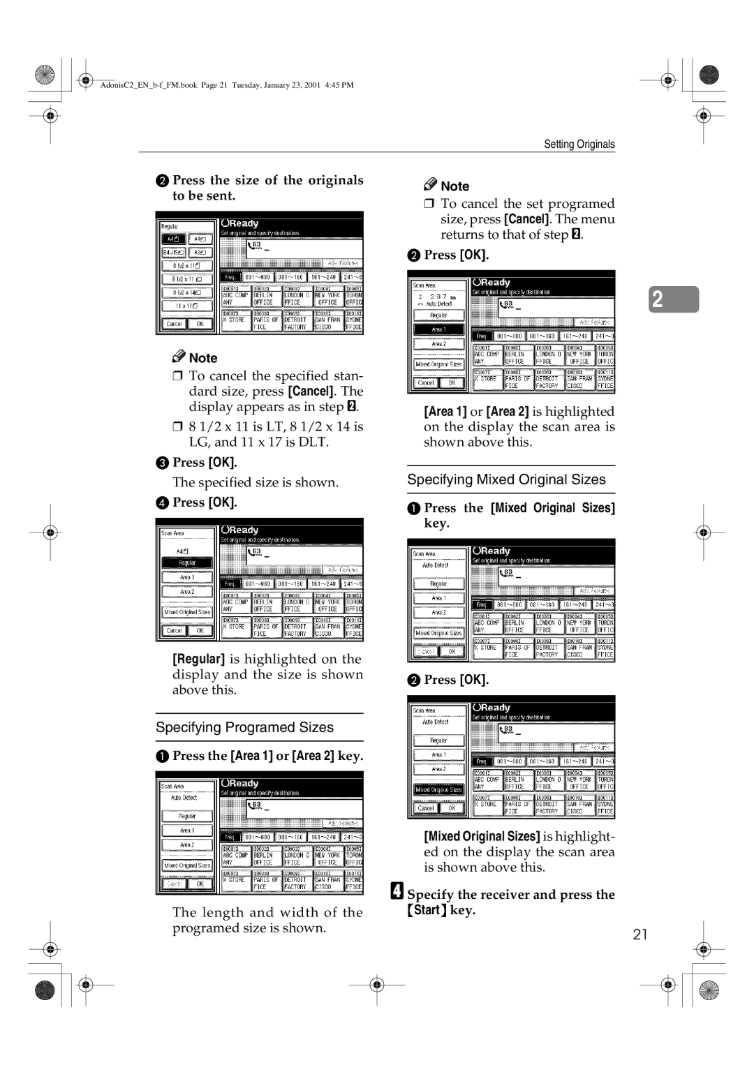 Savin 1045 manual Specifying Programed Sizes, Specifying Mixed Original Sizes, Press the Area 1 or Area 2 key 