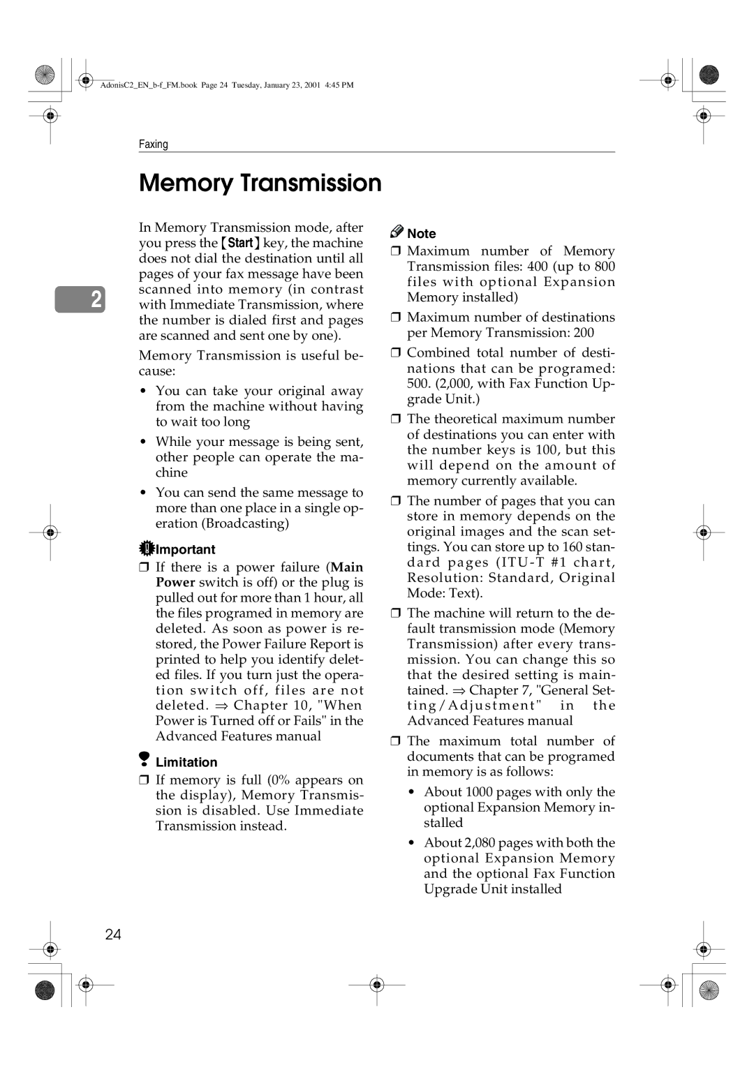 Savin 1045 manual Memory Transmission, Limitation 