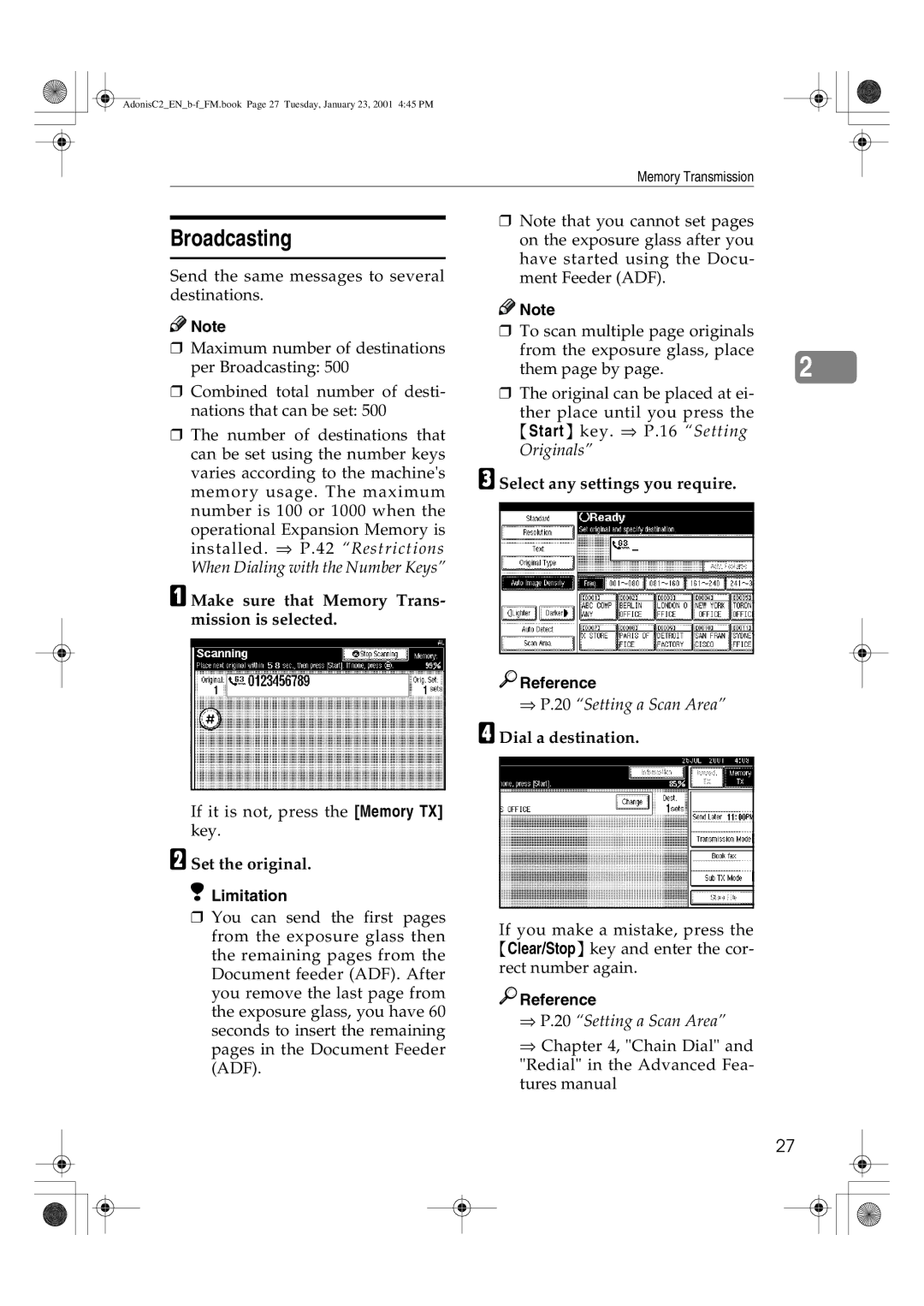 Savin 1045 manual Broadcasting, Make sure that Memory Trans- mission is selected, Select any settings you require 