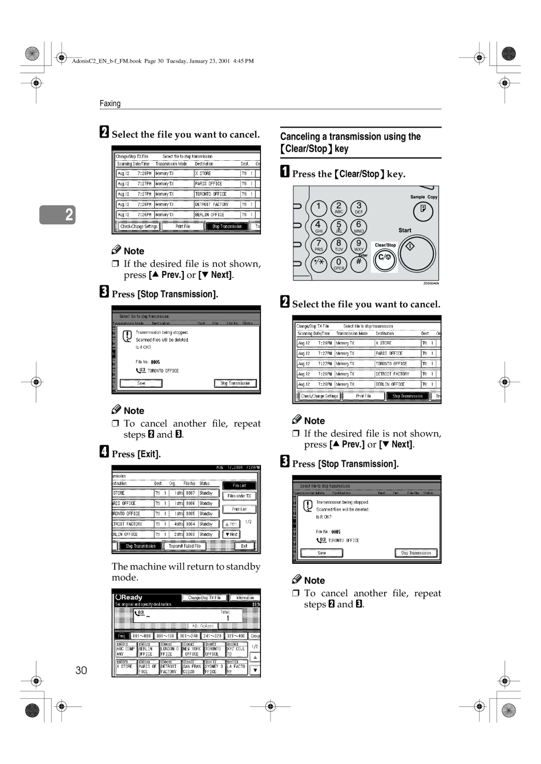 Savin 1045 Canceling a transmission using the Clear/Stop key, Select the file you want to cancel, Press Stop Transmission 