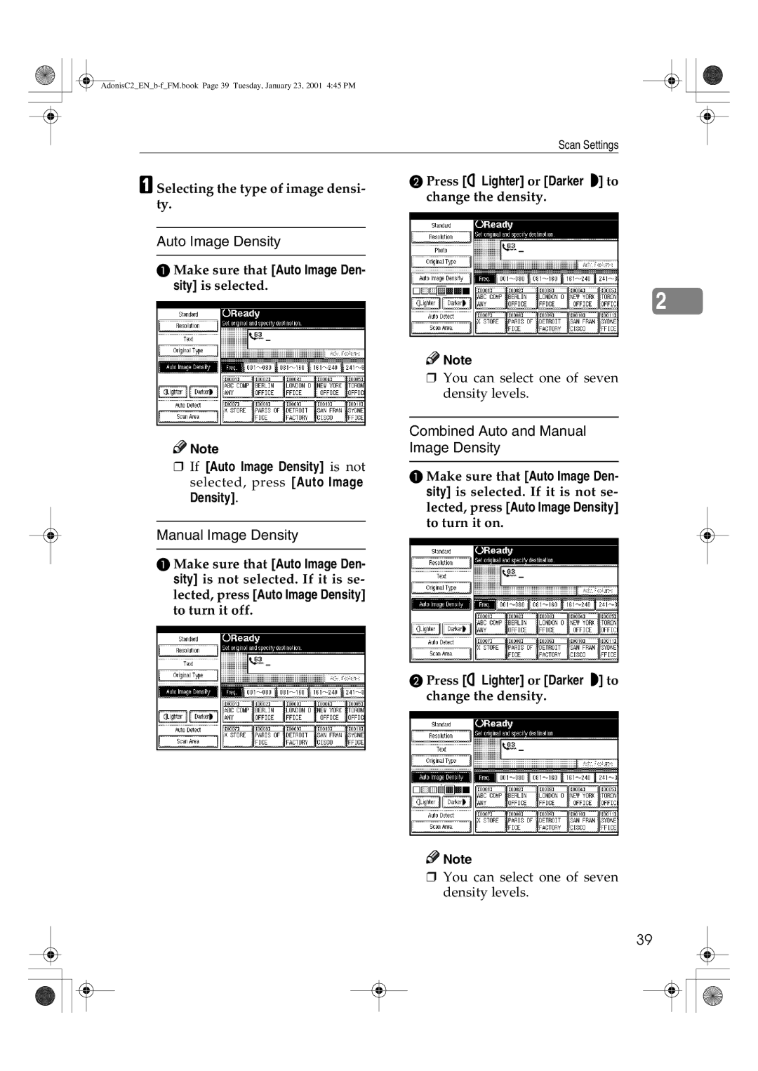 Savin 1045 Auto Image Density, Combined Auto and Manual Image Density, Press iLighter or Darkerj to change the density 