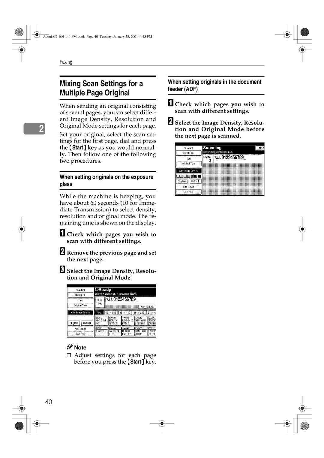 Savin 1045 Mixing Scan Settings for a, Multiple Page Original, Glass, When setting originals in the document feeder ADF 