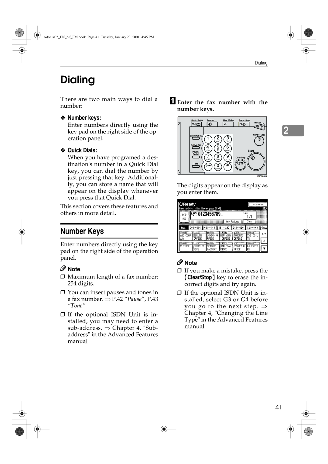 Savin 1045 manual Dialing, Number Keys, Number keys, Quick Dials, Enter the fax number with the number keys 